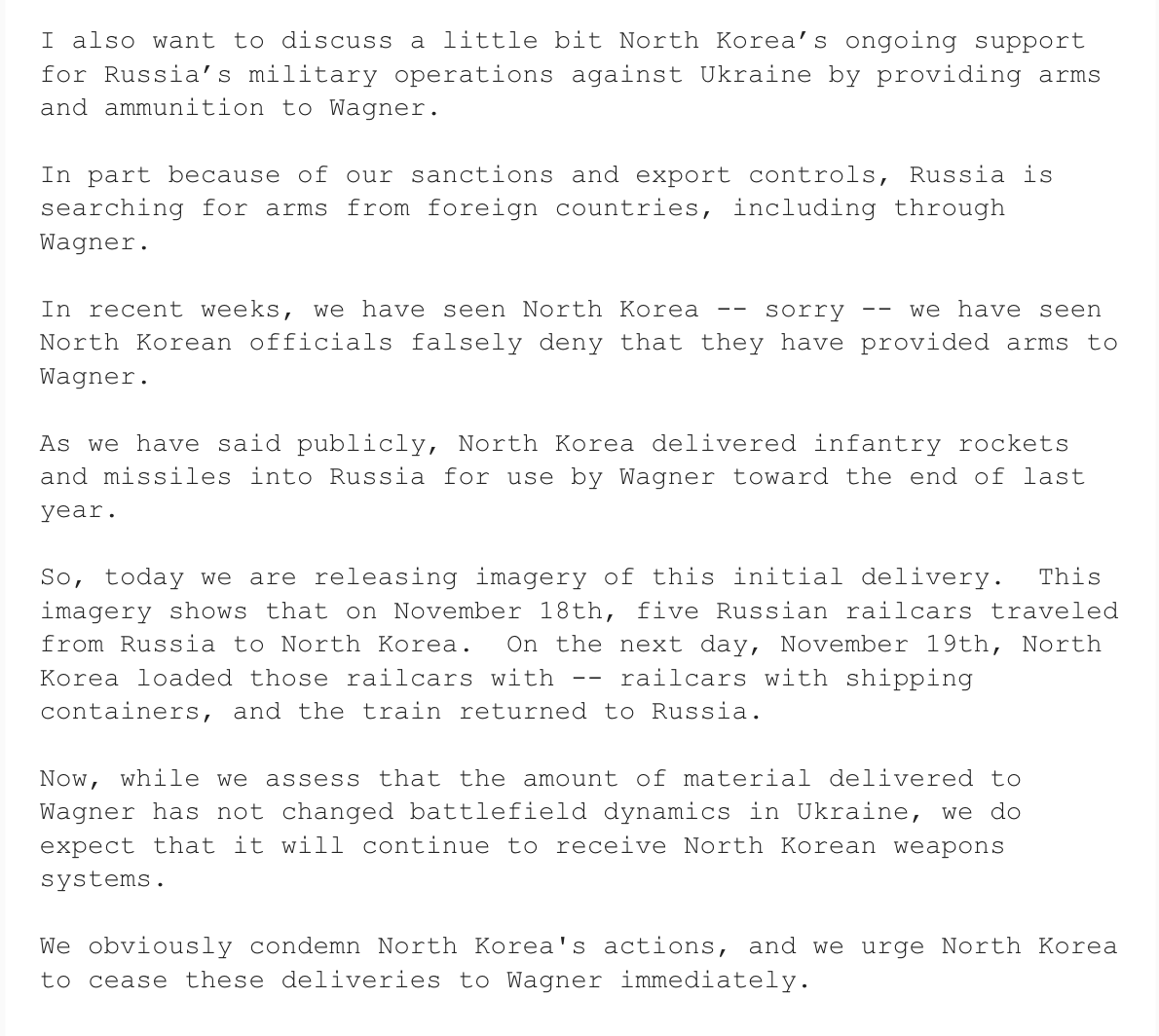 John Kirby sobre las imágenes de satélite de la entrega inicial de armas de Corea del Norte a Rusia