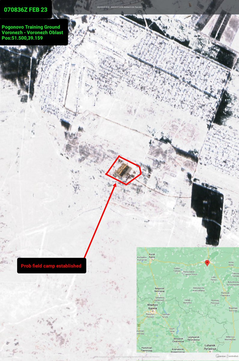 Sentinel-Bilder zeigen, dass ein wahrscheinliches Feldlager auf dem Pogonovo-Trainingsgelände in der Nähe von Woronesch errichtet wurde. Optische Bilder vom 7. Februar. Betrachtet man die SAR-Bilder, so begannen die Aktivitäten Ende Januar