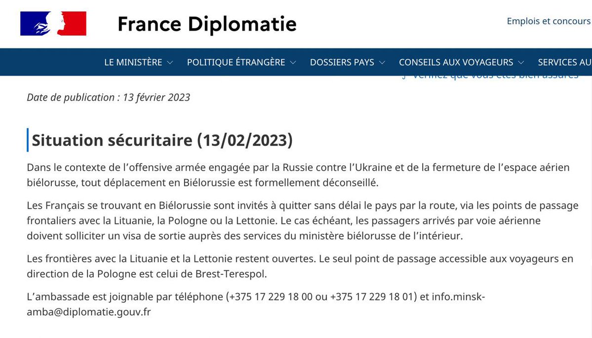 Das französische Außenministerium fordert seine Bürger auf, Belarus zu verlassen. Auf der Website des Außenministeriums heißt es, dass angesichts der bewaffneten Offensive Russlands gegen die Ukraine und der Schließung des weißrussischen Luftraums von Reisen nach Weißrussland offiziell abgeraten wird