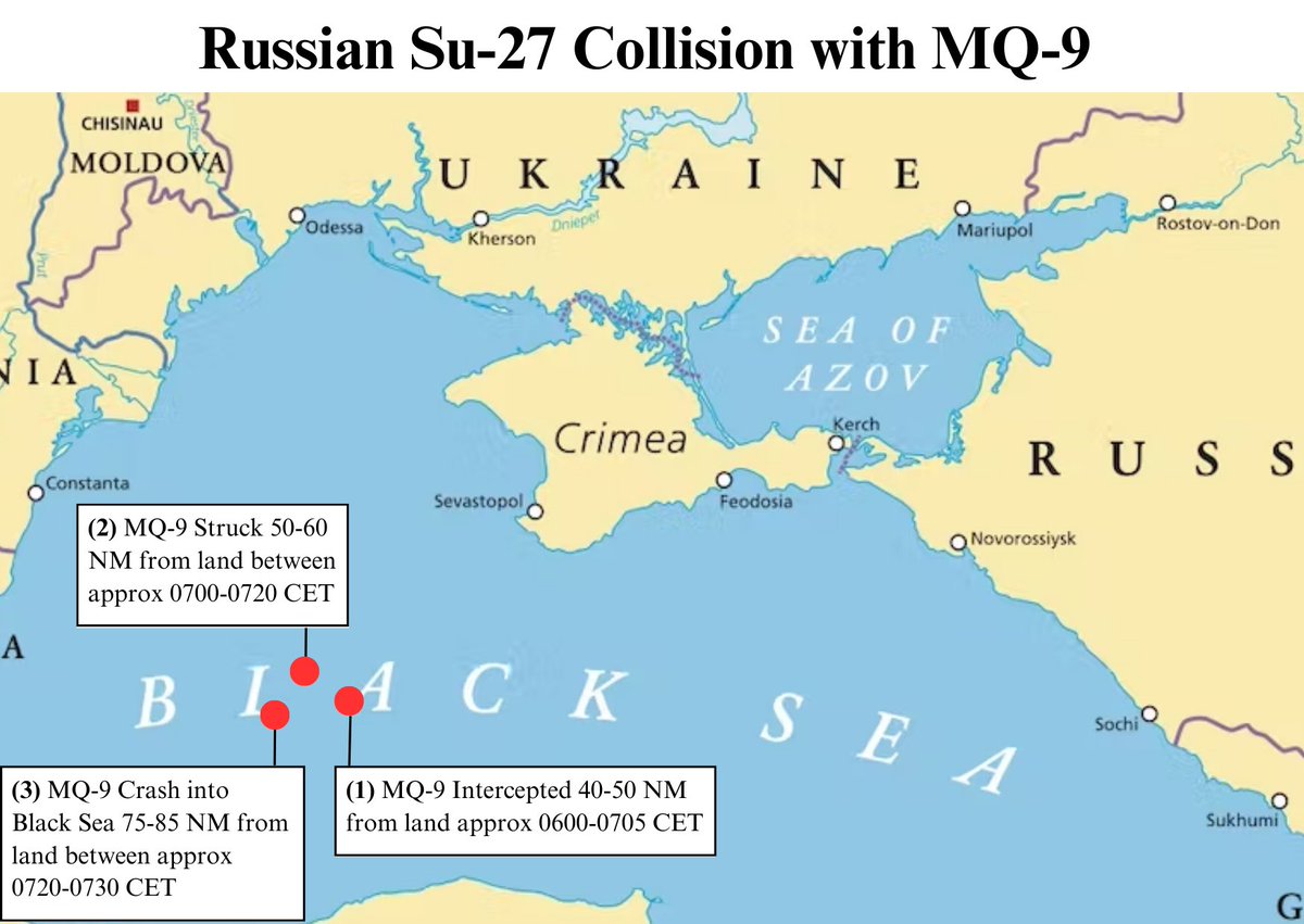 Die folgende Grafik zeigt ungefähr die Orte und Zeiten der @usairforce MQ-9 Reaper-Kollision und des Absturzes ins Schwarze Meer. Das Video, das heute von @US_EUCOM veröffentlicht wurde, erscheint am mittleren Handlungspunkt auf der Zeitachse