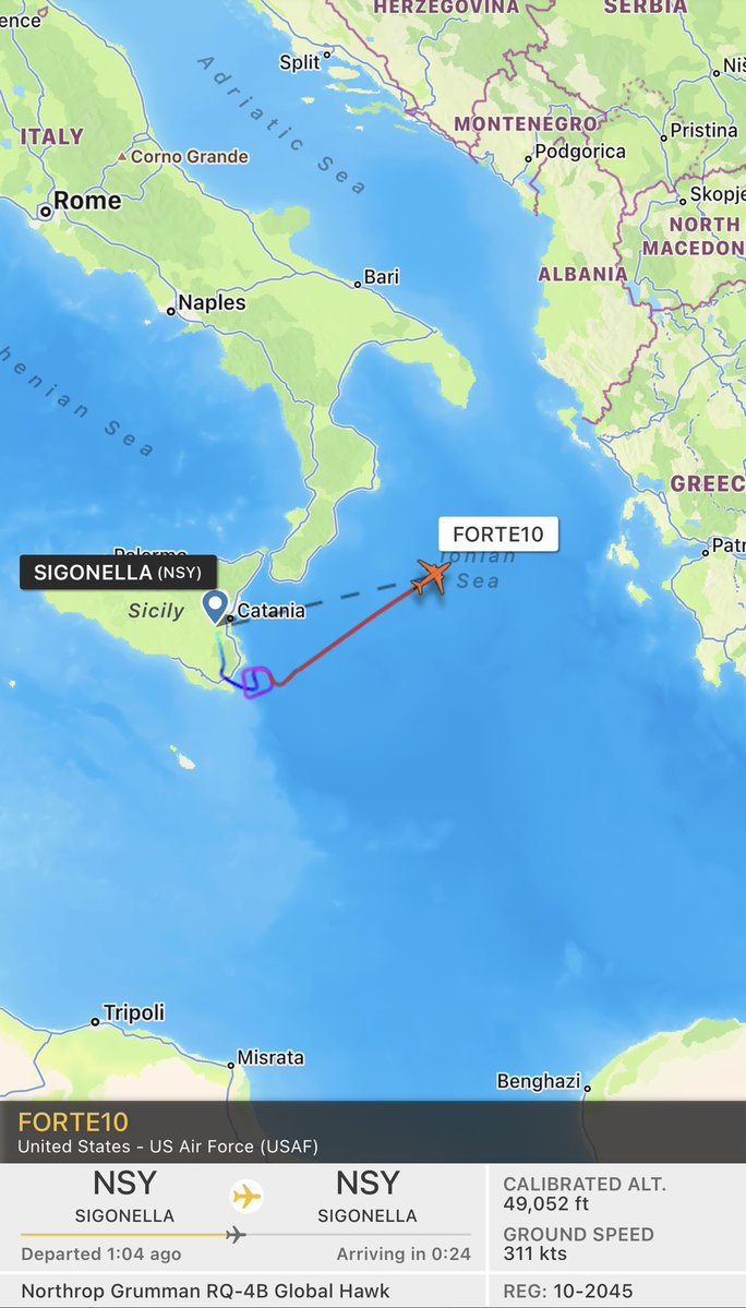 Die RQ-4B Global Hawk „FORTE10 der US-Luftwaffe ist von der Naval Air Station Sigonella in Süditalien in Richtung Schwarzes Meer gestartet, was wahrscheinlich der erste Überwachungsflug über dem Meer seit dem Absturz der MQ-9-Überwachungsdrohne in der Nähe der Krim ist am Dienstag
