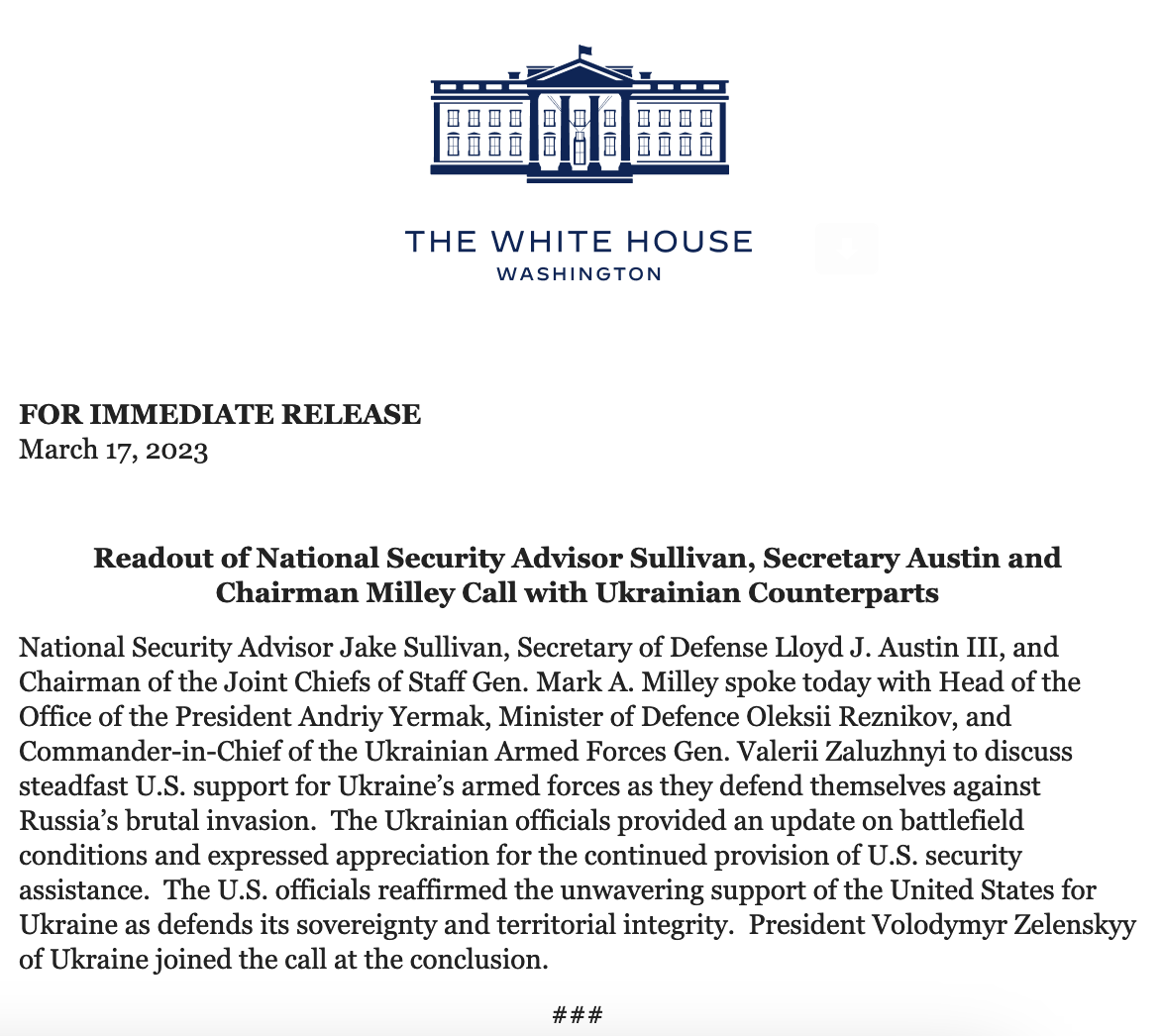 NSC Sullivan, @SecDef Austin und der Vorsitzende Milley sprachen mit ukrainischen Kollegen. Präsident @ZelenskyyUa schloss sich dem Aufruf am Ende des Weißen Hauses an