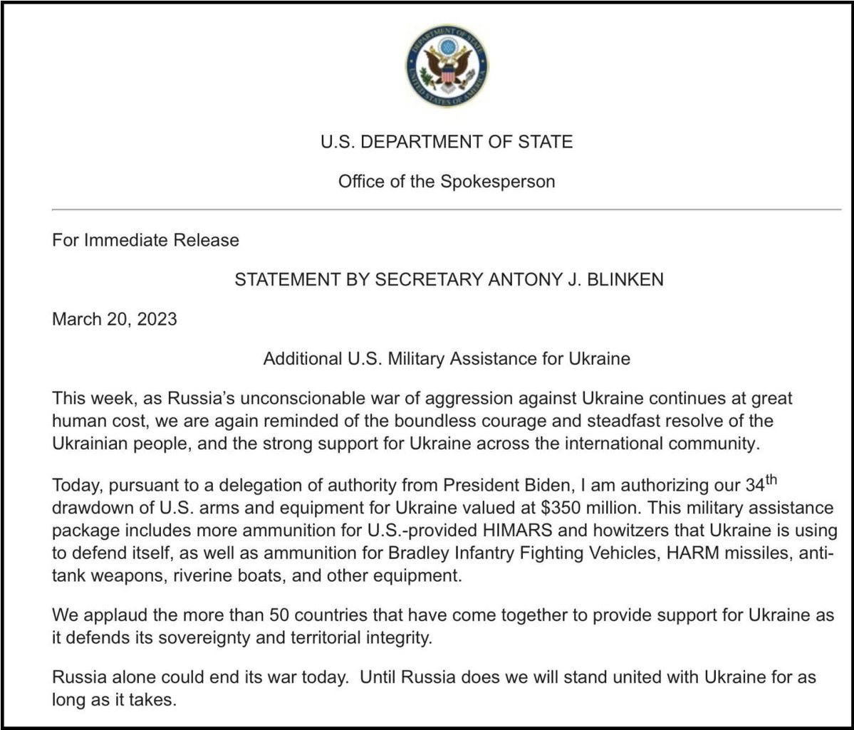 Die Vereinigten Staaten genehmigten ein neues Sicherheitshilfepaket in Höhe von 350 Millionen US-Dollar für die Ukraine. Es umfasst Munition für M142 HIMARS/M270 MLRS und Haubitzen sowie Munition für Bradley-IFVs, HARM-Luft-Boden-Antistrahlungsraketen, Panzerabwehrraketen und Flussboote