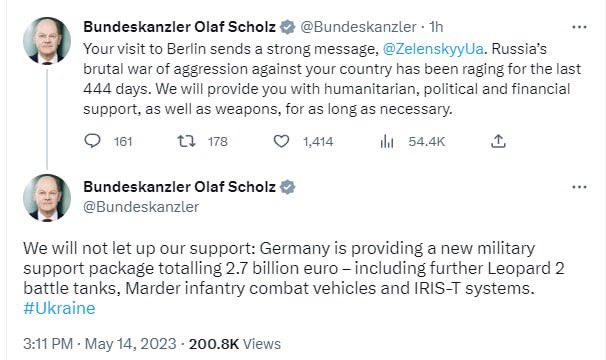 Deutschland kündigte ein neues Militärhilfepaket zur Unterstützung der Ukraine in Höhe von rund 2,7 Milliarden Euro an. Bundeskanzler Olaf Scholz schrieb dazu auf Twitter. Insbesondere werden Leopard-1-Kampfpanzer, Marder-BMPs und Iris-T-Luftverteidigungssysteme in die Ukraine geschickt