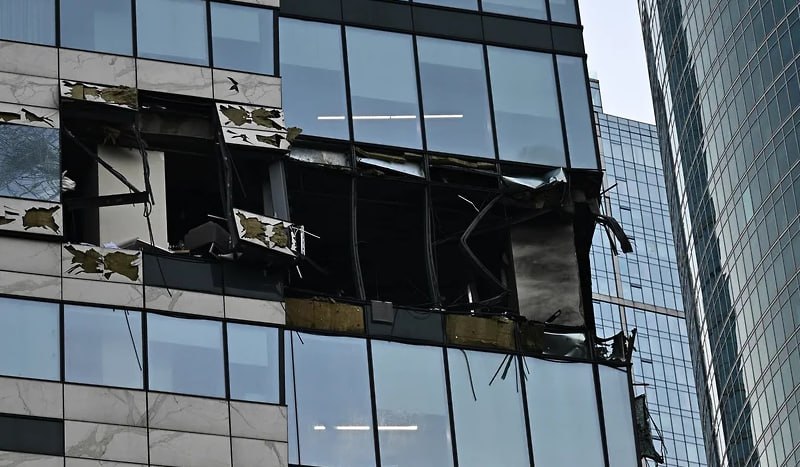 Schäden im Geschäftsviertel der Stadt Moskau