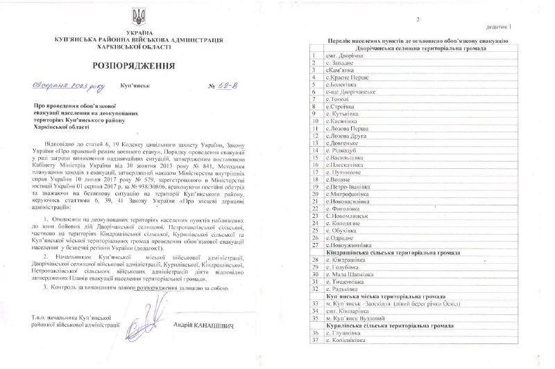 Im Bezirk Kupjansk der Region Charkiw wurde eine obligatorische Evakuierung erklärt
