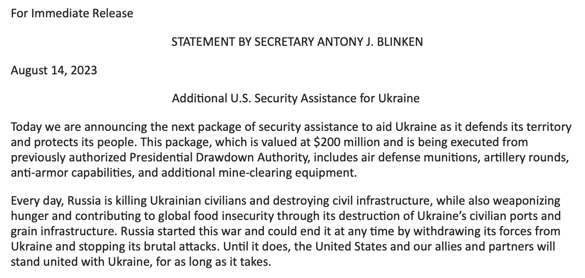 .@StateDept kündigt offiziell neues 200-Millionen-Dollar-Sicherheitshilfepaket für die Ukraine an. Die Auszahlung umfasst: -Luftverteidigungsmunition; -Artilleriegeschosse; -Panzerabwehrfähigkeiten; -Minenräumausrüstung