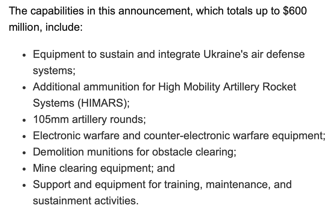 El @DeptofDefense de Estados Unidos anuncia un nuevo paquete de seguridad de 600 millones de dólares para Ucrania. Las capacidades, incluido el apoyo de defensa aérea, munición HIMARS y proyectiles de artillería, se comprarán a través de la Iniciativa de Asistencia a la Seguridad de Ucrania (USAI) y se entregarán más tarde.