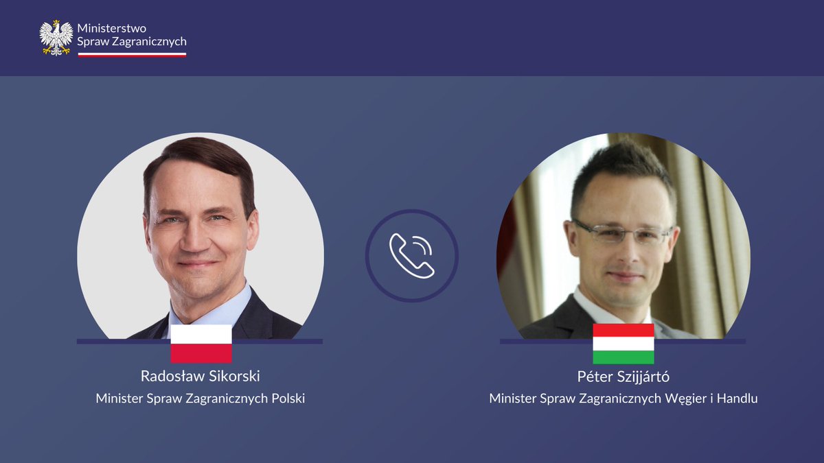 Le ministre des Affaires étrangères de Pologne @sikorskiradek s'est entretenu aujourd'hui par téléphone avec son homologue hongrois Péter Szijjártó. La conversation a porté sur les affaires ukrainiennes, les perspectives du groupe de Visegrad et les problèmes migratoires