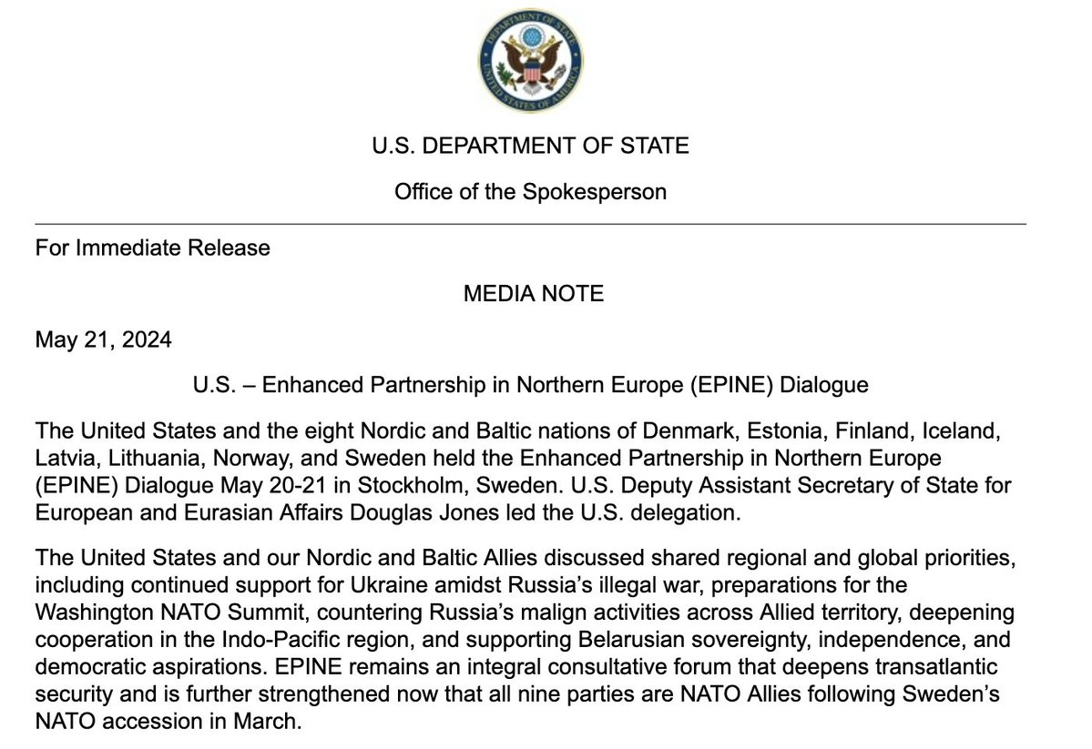 Estados Unidos y ocho aliados nórdicos y bálticos discutieron prioridades compartidas, incluida Ucrania, la Cumbre de la OTAN, contrarrestar las actividades malignas de Rusia, profundizar la cooperación en la región del Indo-Pacífico y apoyar la soberanía, la independencia y las aspiraciones democráticas de Bielorrusia, según DoS.