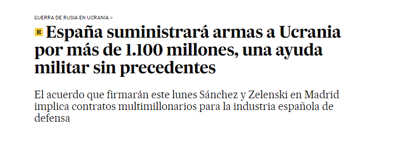 España suministrará armas a Ucrania por más de 1.100 millones de euros. Incluirá un segundo lote de misiles antiaéreos Patriot, que se sumarán a la media docena ya suministrada en abril, 19 tanques Leopard 2A4 reacondicionados y un gran lote de proyectiles de artillería de 155 milímetros.