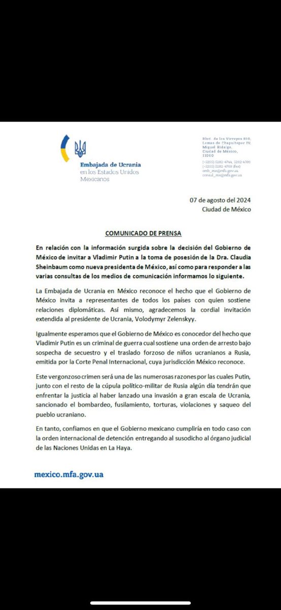 Ucrania ha instado a México a arrestar a Putin si aparece en la toma de posesión del presidente Sheinbaum. La Corte Penal Internacional, de la que México es miembro, emitió una orden de arresto contra el líder de Rusia el año pasado.