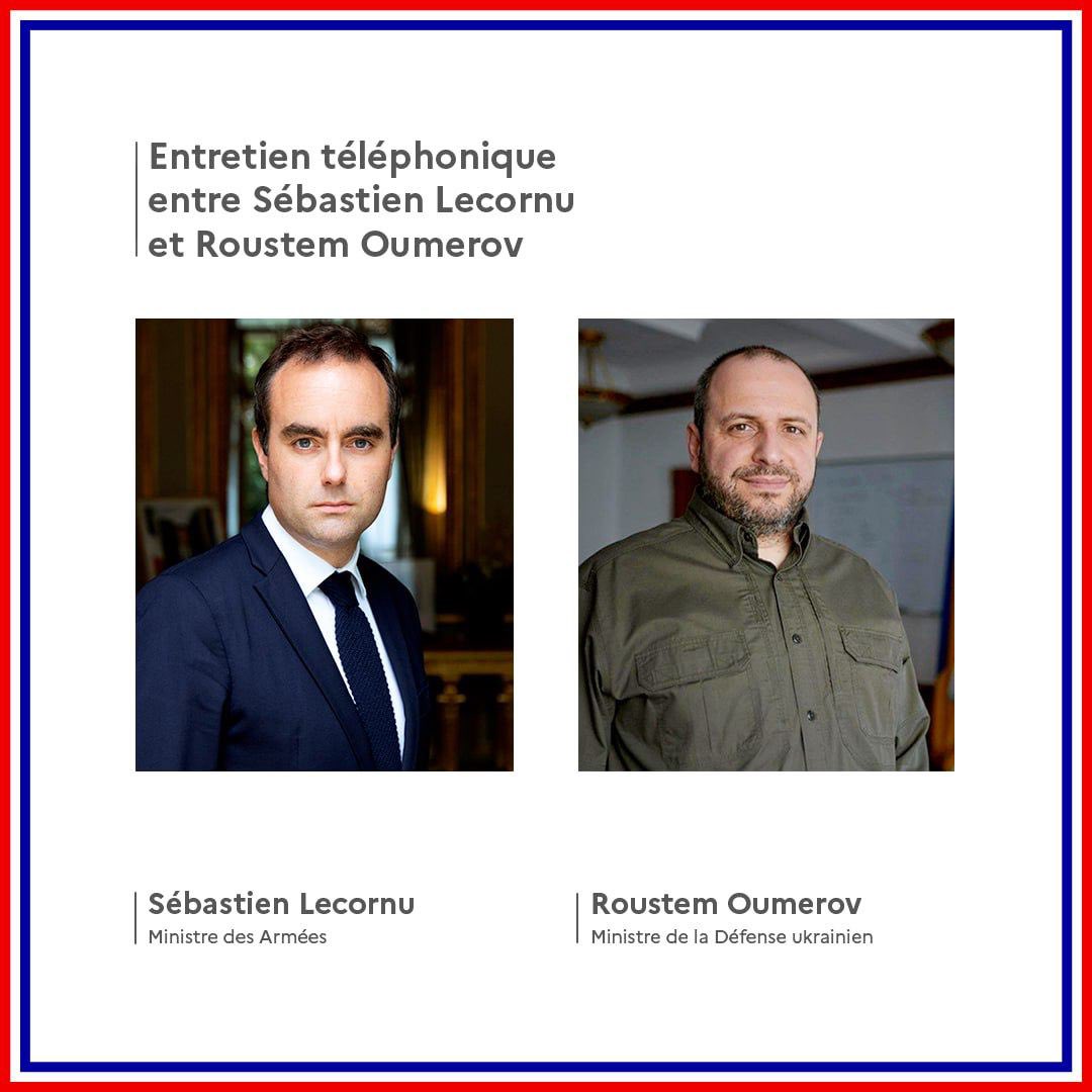 Ministre des Armées Sébastien Lecornu: L'Ukraine continue de se défendre face à l'agression russe. Échanges avec mon homologue @rustem_umerov concernant l'évolution de la situation sur le front et le suivi du soutien français à l'Ukraine