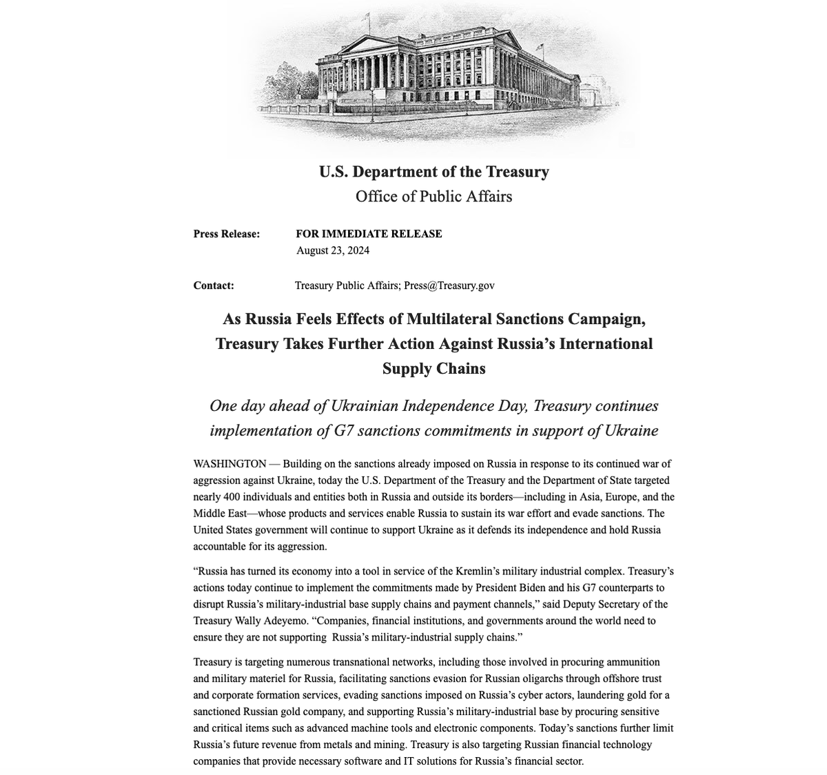 Un jour avant le jour de l'indépendance de l'Ukraine, @USTreasury déclare  continuer à mettre en œuvre les engagements des sanctions du G7 en soutien à l'Ukraine