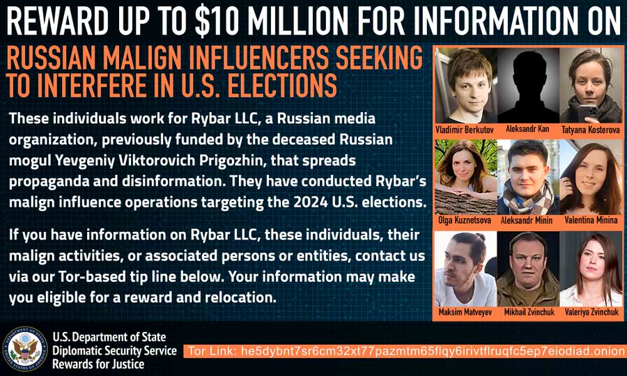 Estados Unidos ha anunciado una recompensa de hasta 10 millones de dólares por información sobre el medio de comunicación ruso Rybar, que ha trabajado para sembrar discordia en Estados Unidos y promover narrativas prorrusas y antioccidentales. Rybar cuenta con el respaldo del conglomerado de defensa ruso Rostec.