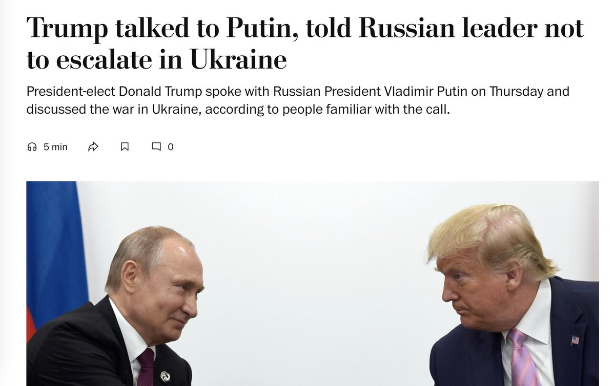 Washington Post : Trump a eu un appel téléphonique avec Poutine et a parlé de la guerre en Ukraine, y compris une brève discussion sur le territoire, marquant la première conversation entre les deux hommes depuis que Trump a remporté l'élection. En déconseillant l'escalade, Trump a souligné la présence militaire importante des États-Unis en Europe. Les hommes ont discuté de l'objectif de la paix en Europe et Trump a exprimé son intérêt pour des conversations de suivi pour discuter de  la résolution prochaine de la guerre en Ukraine, selon des sources