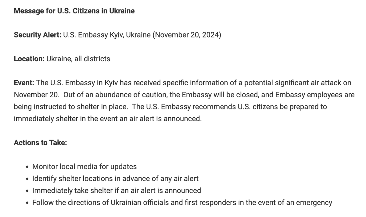 The U.S. embassy in Kyiv sends out an alert saying that it has closed due to specific intel of an air attack today