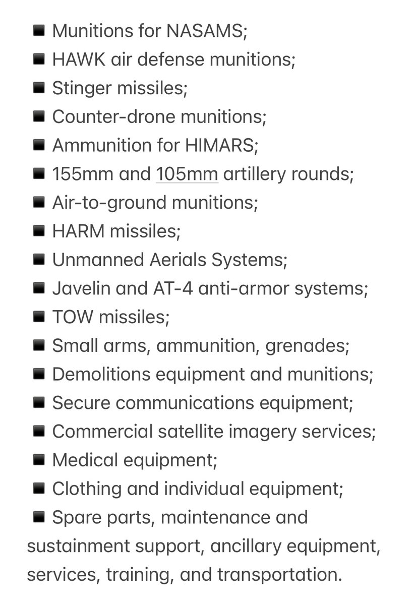 Vollständige Liste der Ausrüstung im 2,5 Milliarden Dollar schweren Waffenpaket für die Ukraine, das heute früher angekündigt wurde. Luftabwehrmunition, Munition für HIMARS und Artillerie, Luft-Boden-Munition einschließlich HARMs und mehr. Ein Teil dieses Pakets ist PDA (1,25 Milliarden Dollar) und ein Teil ist USAI (1,22 Milliarden Dollar).