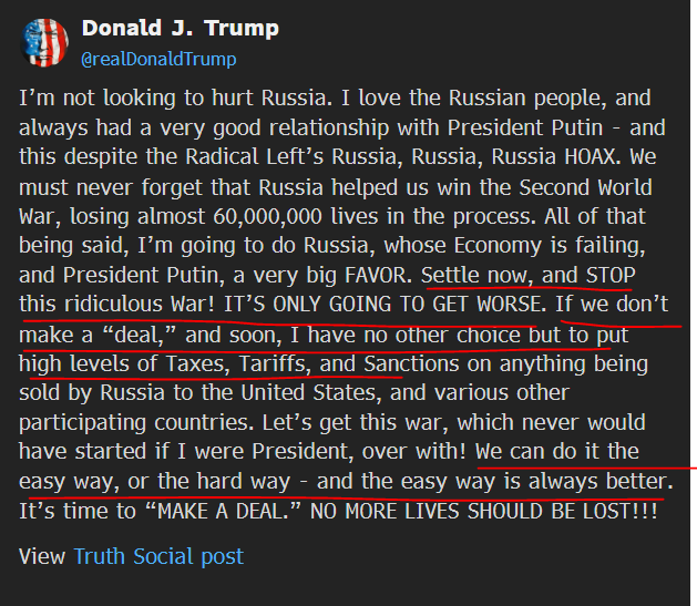 El presidente de Estados Unidos, Trump, a Putin sobre la guerra en Ucrania: Podemos hacerlo de la manera fácil o de la manera difícil, y la manera fácil siempre es mejor