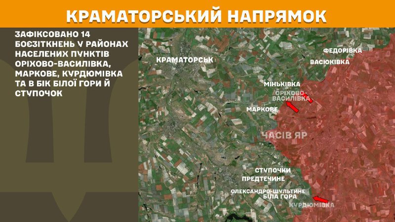 На Краматорском направлении вчера продолжались бои в районе Орехово-Васильевки, Марково, Курдюмовки, а также в направлении Белой Горы и Ступочек, - Генштаб ВСУ