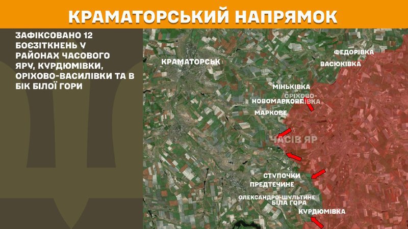 На Краматорському напрямку вчора бойові зіткнення поблизу Часового Яру, Курдюмівки, Оріхово-Василівки та в бік Білої Гори, - повідомляє Генштаб ЗСУ