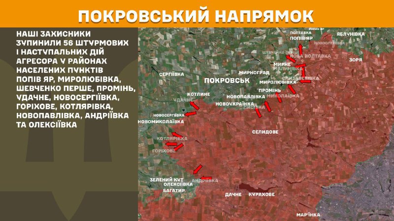 На Покровському напрямку вчора бойові дії відбулися поблизу Попів Яр, Миролюбівка, Шевченка Перше, Промінь, Удачне, Новосергіївка, Горіхове, Котлярівка, Новопавлівка, Андріївка та Олексіївка, - повідомляє Генштаб ЗСУ.