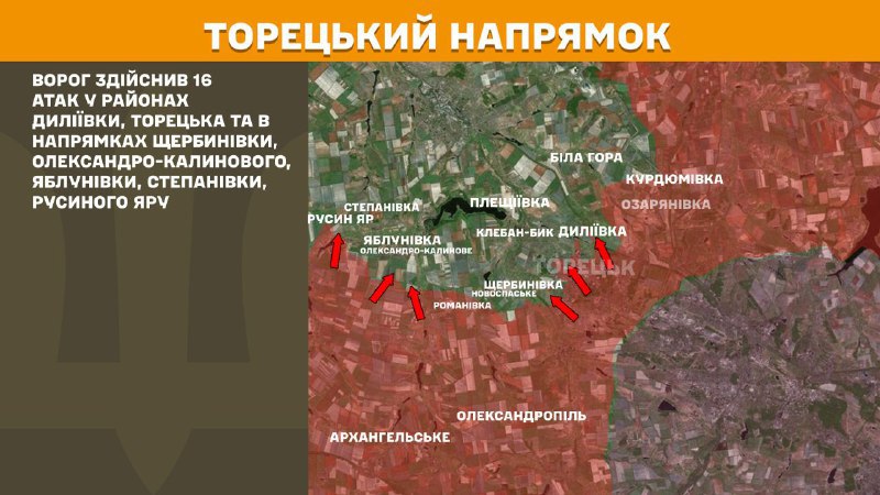 На торецькому напрямку вчора бойові дії відбулися поблизу Диліївки, Торецька та в напрямку Щербинівки, Олександро-Калинового, Яблунівки, Степанівки, Русиного Яру, - повідомляє Генштаб ЗСУ