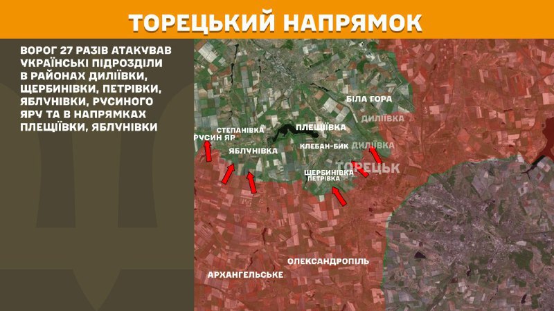 Ayer hubo enfrentamientos en dirección Toretsk cerca de Dyliyivka, Scherbynivka, Petrivka, Yablunivka, Rusyn Yar y en dirección a Pleschiyivka y Yablunivka, informa el Estado Mayor de las Fuerzas Armadas de Ucrania.