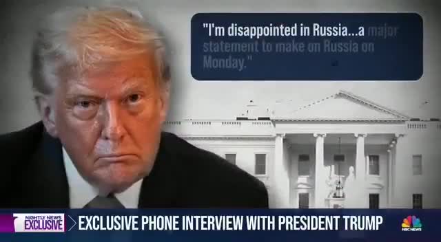 Donald Trump, en una entrevista con la NBC: Estoy decepcionado con Rusia. Haré una declaración importante el lunes. El presidente también afirma que Estados Unidos enviará armas a Ucrania a través de la OTAN, incluyendo misiles Patriot, y que los aliados de la OTAN las pagarán al 100 %.