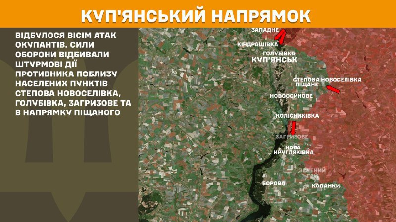 Ayer hubo enfrentamientos en la dirección de Kupyansk cerca de Stepova Novoselivka, Holubivka, Zahryzove y en dirección a Pischane, informa el Estado Mayor de las Fuerzas Armadas de Ucrania.