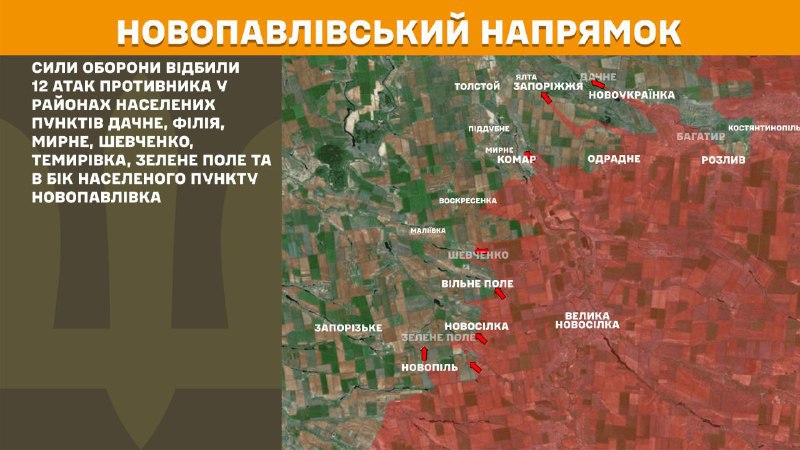 Ayer hubo enfrentamientos en dirección Novopavlivka cerca de Dachne, Filiya, Myrne, Shevchenko, Temyrivka, Zelene Pole y en dirección a Novopavlivka, - informa el Estado Mayor de las Fuerzas Armadas de Ucrania