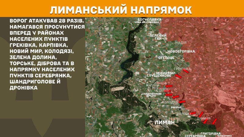 Ayer hubo enfrentamientos en dirección Lyman cerca de Hrekivka, Karpivka, Novyy Myr, Kolodyazi, Zelena Dolyna, Torske, Dibrova y en dirección a Serebryanka, Shandryholove y Dronivka, informa el Estado Mayor de las Fuerzas Armadas de Ucrania.
