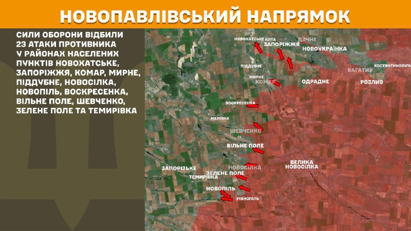 Hier, à Novopavlivka, des affrontements se sont produits près de Novokhatske, Zaporizhzhya, Komar, Myrne, Piddubne, Novosilka, Novopil, Voskresenka, Vilne Pole, Shevchenko, Zelene Pole et Temyrivka, - rapporte l'état-major général des forces armées d'Ukraine.