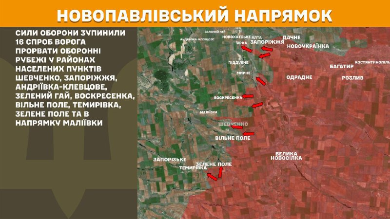 Hier, à Novopavlivka, des affrontements se sont produits près de Shevchenko, Zaporizhzhya, Andriyivka-Klevtsove, Zeleny Hay, Voskresenka, Vilne Pole, Temyrivka, Zelene Pole et en direction de Maliyivka, - rapporte l'état-major général des forces armées d'Ukraine.