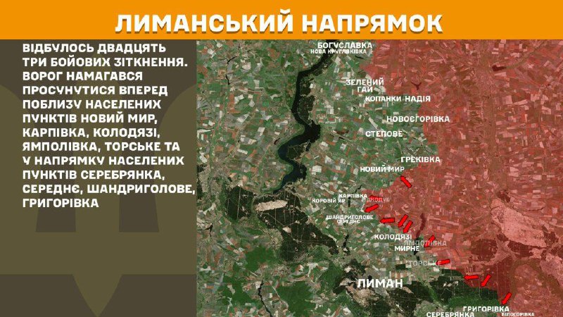 Ayer hubo enfrentamientos en dirección Lyman cerca de Novyy Myr, Karpivka, Kolodyazi, Yampolivka, Torske y en dirección a Serebryanka, Serednye, Shandryholove, Hryhorivka, informa el Estado Mayor de las Fuerzas Armadas de Ucrania.