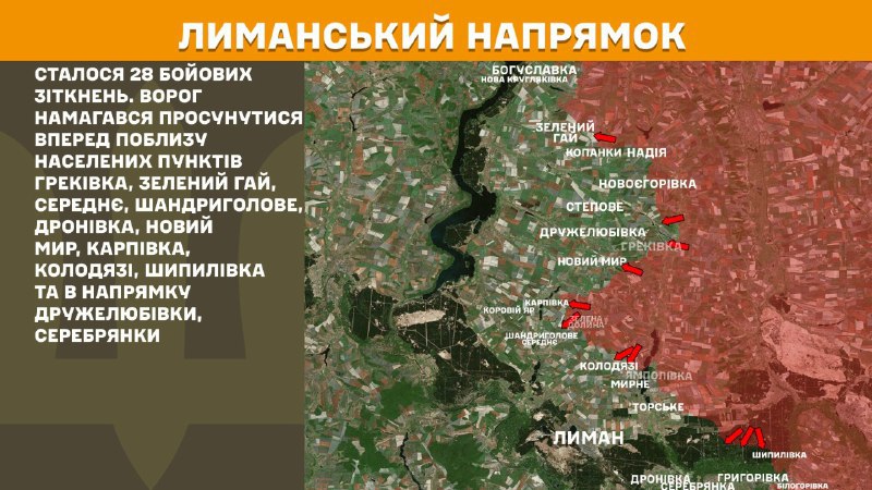 На лиманському напрямку вчора бойові дії тривали поблизу Греківки, Зеленого Гаю, Середнього, Шандриголового, Дронівки, Нового Миру, Карпівки, Колодязі, Шипилівки та в напрямку Дружелубівки, Серебрянки, - повідомляє Генштаб ЗСУ.