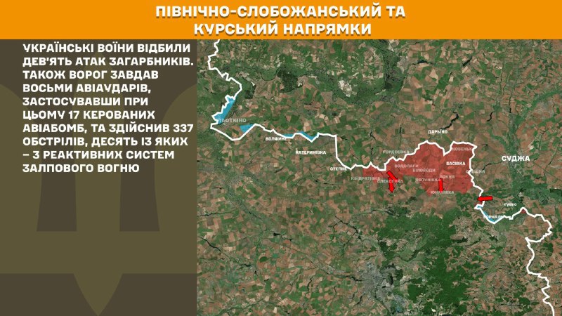 На Курському та Північно-Слобожанському (Сумському) напрямках українські війська відбили 9 атак російської армії, – повідомляє Генеральний штаб Збройних сил України