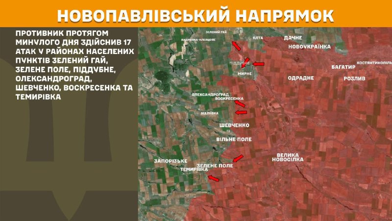Ayer hubo enfrentamientos en dirección Novopavlivka cerca de Zelenyy Hay, Zelene Pole, Piddubne, Oleksandrohrad, Shevchenko, Voskresenka y Temyrivka, informa el Estado Mayor de las Fuerzas Armadas de Ucrania.