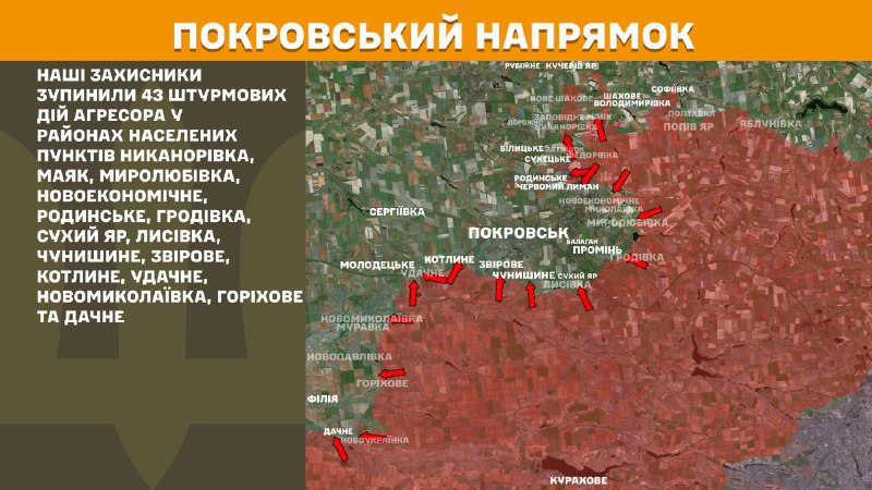 Ukrayna Silahlı Kuvvetleri Genelkurmay Başkanlığı'nın bildirdiğine göre dün Pokrovsk yönünde Nykanorivka, Mayak, Myrolubivka, Novoekonomichne, Rodynske, Hrodivka, Sukhyy Yar, Lysivka, Chunyshyne, Zvirove, Kotlyne, Udachne, Novomykolayivka, Horikhove ve Dachne yakınlarında çatışmalar yaşandı.