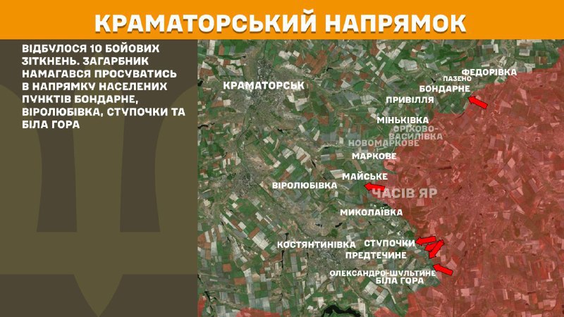 Ukrayna Silahlı Kuvvetleri Genelkurmay Başkanlığı'nın bildirdiğine göre, dün Kramatorsk yönünde Bondarne, Virolubivka, Stupochky ve Bila Hora yakınlarında çatışmalar yaşandı.