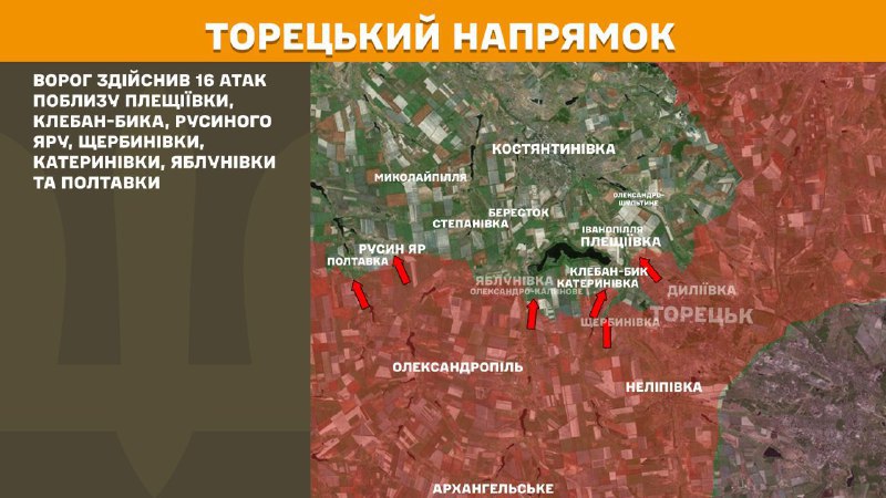 На торецькому напрямку вчора бойові дії тривали поблизу Плещіївки, Клебан-Бика, Русиного Яру, Щербинівки, Катеринівки, Яблунівки та Полтавки, - повідомляє Генштаб ЗСУ