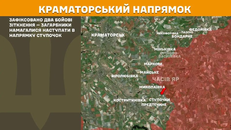 Ayer se produjeron enfrentamientos en la zona de Stupochky en dirección a Kramatorsk, informa el Estado Mayor General de las Fuerzas Armadas de Ucrania.