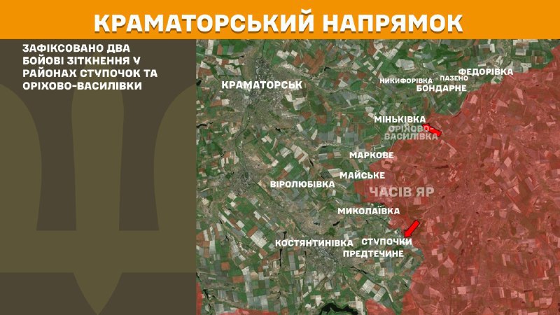 Ayer se produjeron enfrentamientos en la zona de Stupochky y Orikhovo-Vasylivka en la dirección de Kramatorsk, según informa el Estado Mayor General de las Fuerzas Armadas de Ucrania.