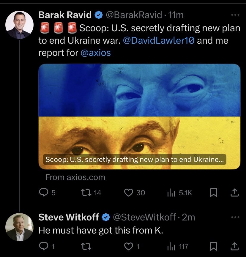 Початковий коментар Стіва Віткоффа до статті Axios, в якому натякалося на витік інформації про план через K (можливо, Кирила Дмитрієва), було видалено.