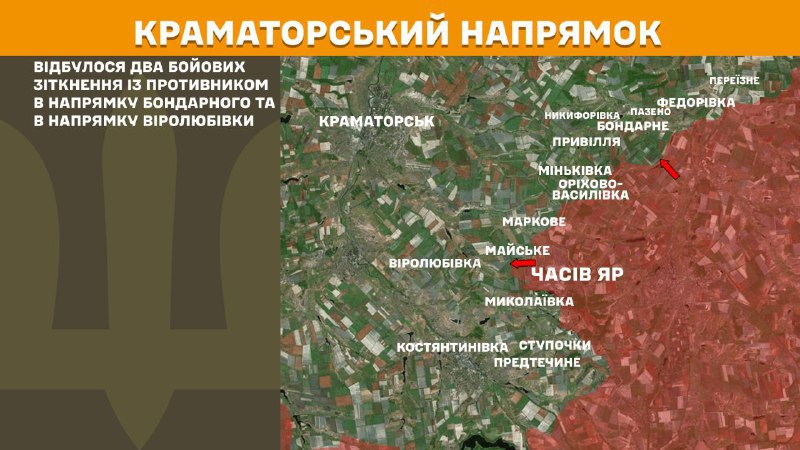 На Краматорському напрямку вчора тривали бої під Бондарним та у напрямку Віролюбівки, – повідомляє Генеральний штаб Збройних сил України