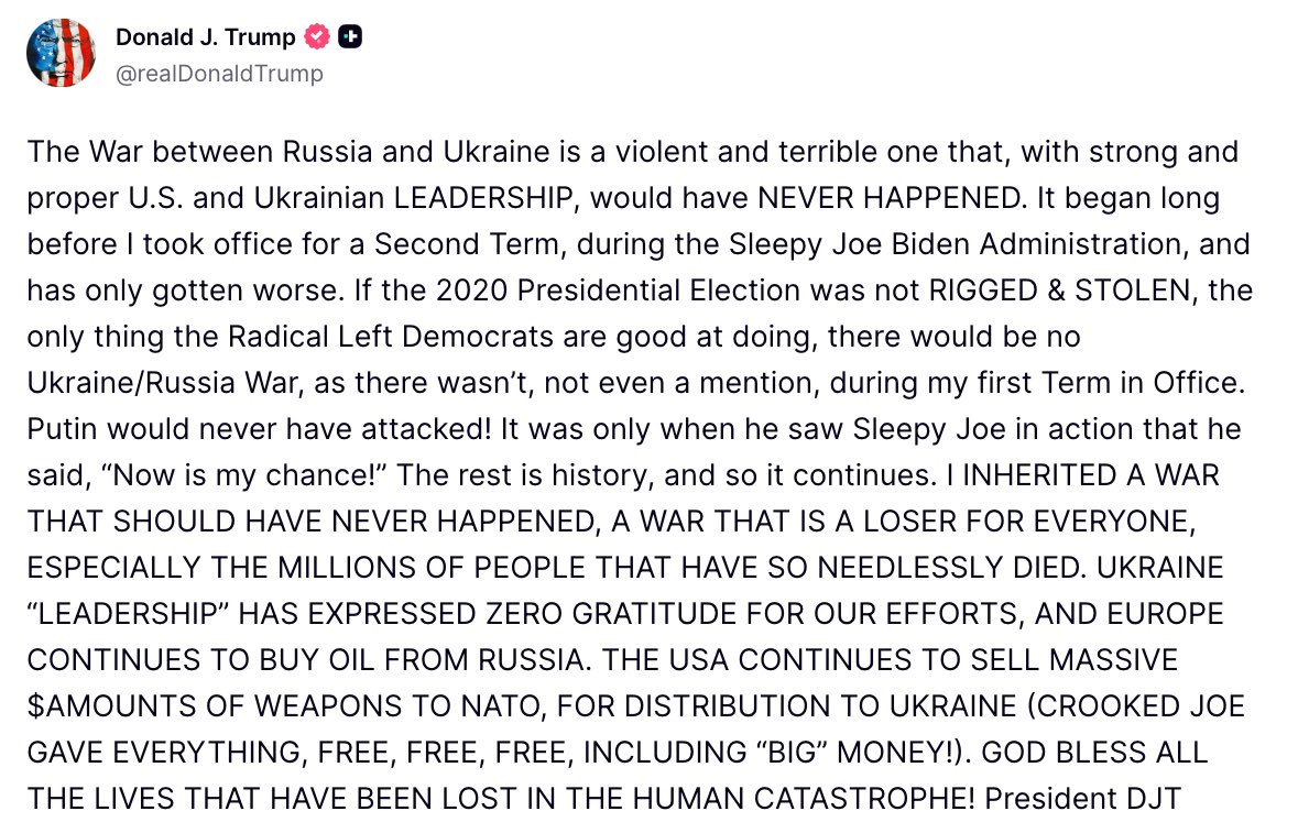 In einem neuen Beitrag zitiert Trump die „ukrainische Führung und erklärt, diese sei ihm für seine Bemühungen zur Beendigung des Krieges in der Ukraine nicht dankbar.