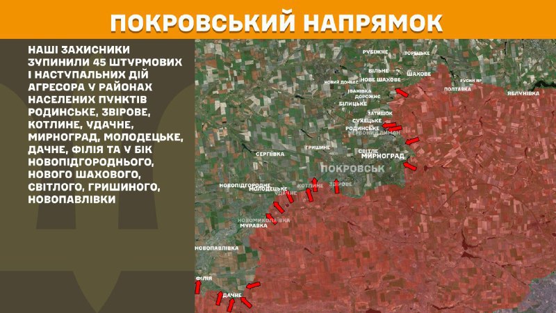 At Pokrovsk direction clashes yesterday near Rodynske, Zvirove, Kotlyne, Udachne, Myrnohrad, Molodetske, Dachne, Filiya and towards Novopidhorodne, Nove Shakhove, Svitle, Hryshyne, Novopavlivka, - General Staff of Armed Forces of Ukraine reports