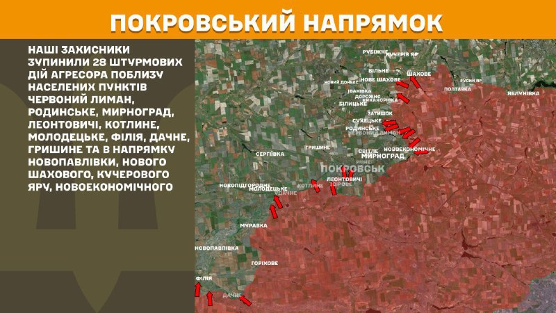 At Pokrovsk direction clashes yesterday near Chervonyy Lyman, Rodynske, Myrnohrad, Leontovychi, Kotlyne, Molodetske, Filiya, Dachne, Hryshyne and towards Novopavlivka, Nove Shakhove, Kucheriv Yar, Novoekonomichne, - General Staff of Armed Forces of Ukraine reports