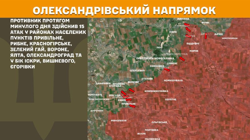 At Oleksandrivka direction clashes yesterday near Pryvilne, Rybne, Krasnohirske, Zelenyy Hay, Vorone, Yalta, Oleksandrohrad and towards Iskra, Vyshneve, Yehorivka, - General Staff of Armed Forces of Ukraine reports