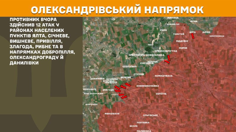 At Oleksandrivka direction clashes yesterday near Yalta, Sichneve, Vyshneve, Pryvillya, Zlahoda, Rybne and towards Dobropillya, Oleksandrohrad and Danylivka, - General Staff of Armed Forces of Ukraine reports